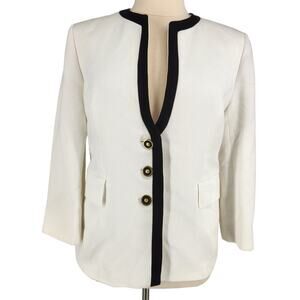 Louis Feraud Cotton Waffle Texture Formal Jacket With Black Trim Size 14 Womens